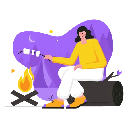 Woman roasting marshmallows on campfire  Illustration