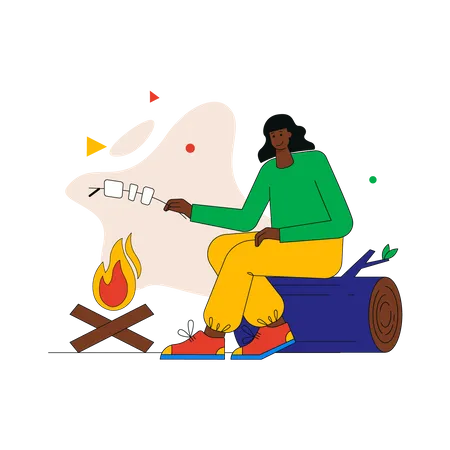 Woman roasting marshmallows on campfire  Illustration