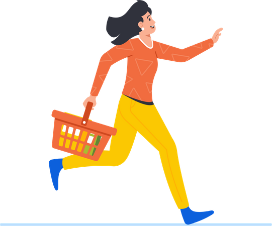 Woman Runs With Shopping Cart  Illustration