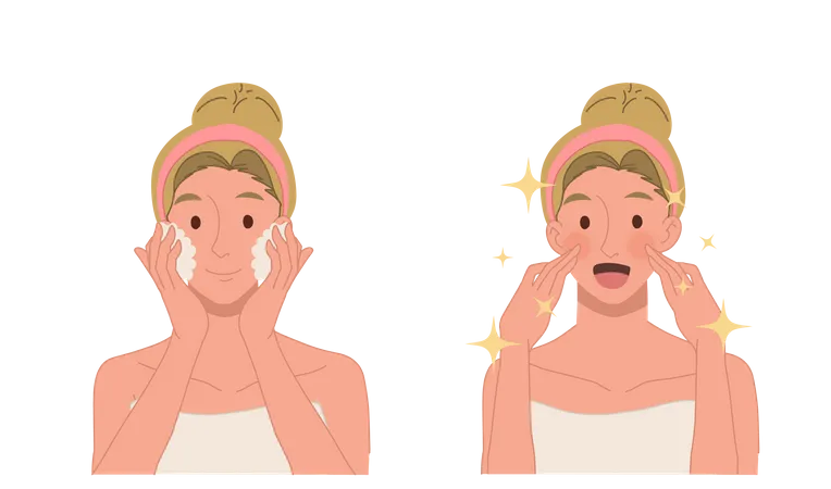 Woman seeing results after washing face with foam  Illustration