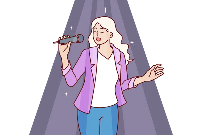 Woman sings karaoke holding microphone and enjoying creative hobby during party in nightclub  Illustration