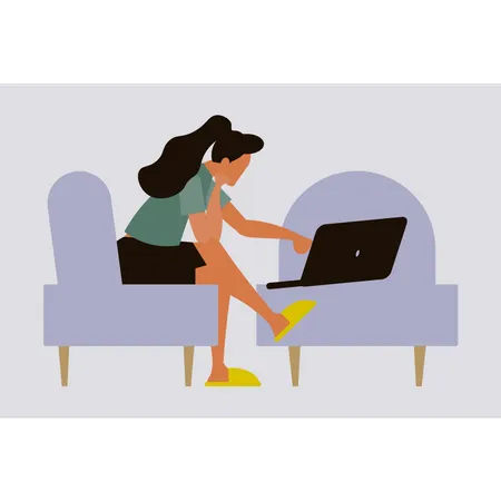 Woman sitting on couch working on laptop  일러스트레이션