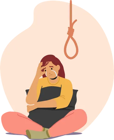 Woman sitting on floor thinking of suicide  Illustration