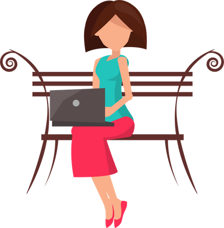 Woman sitting on the bench and working on a laptop  イラスト