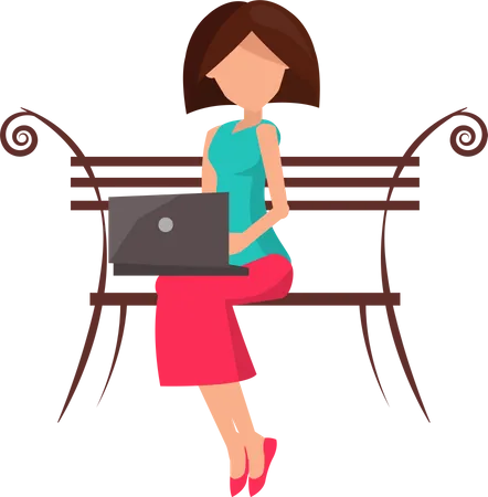 Woman sitting on the bench and working on a laptop  イラスト