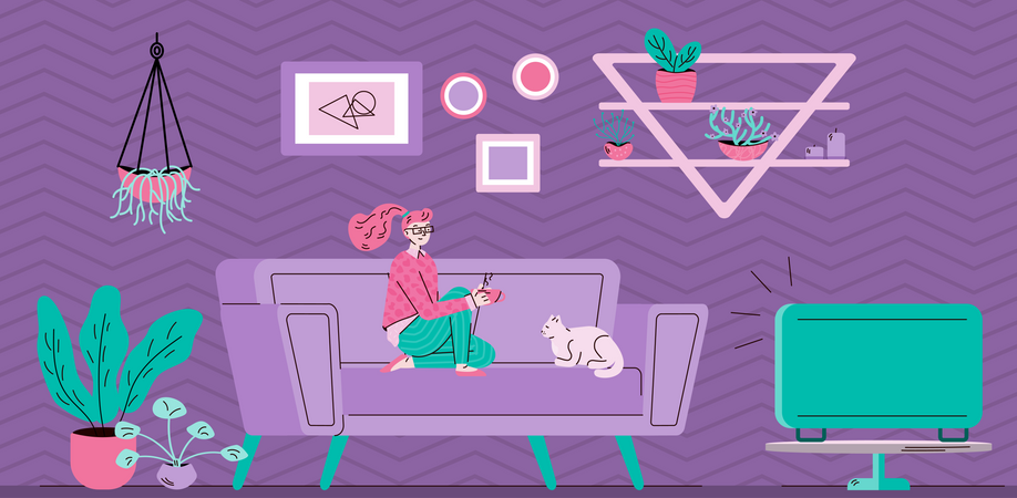 Woman spending leisure time watching TV at room background  Illustration