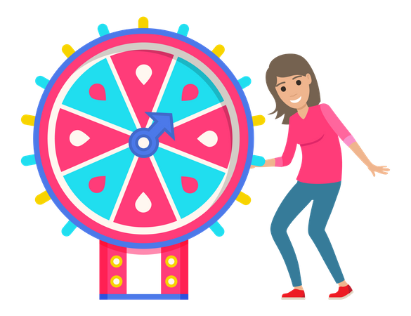 Woman spinning wheel of fortune to win jackpot  Illustration