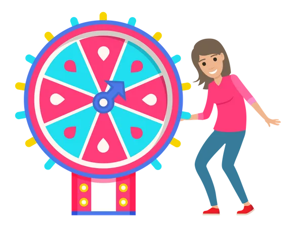 Woman spinning wheel of fortune to win jackpot  Illustration