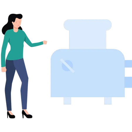 Woman standing by toaster machine  Illustration