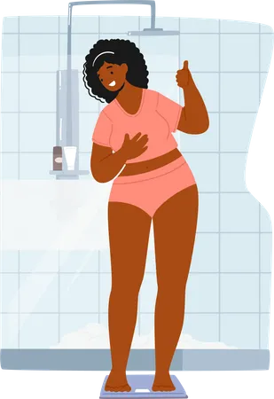 Woman standing on weighing scale showing thumb up  Illustration