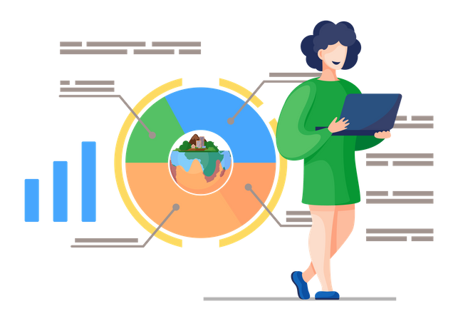 Woman standing with laptop perform graph of analysis of environmental data  일러스트레이션