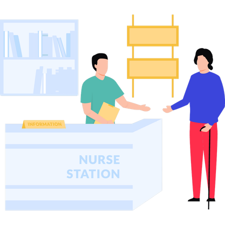 Woman talking to boy at nurse's station  Illustration