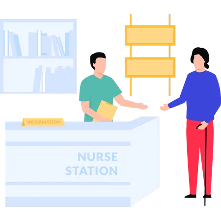 Woman talking to boy at nurse's station  Illustration