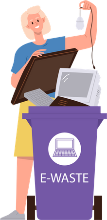 Woman throwing out broken electronic gadgets into e-waste container  Illustration