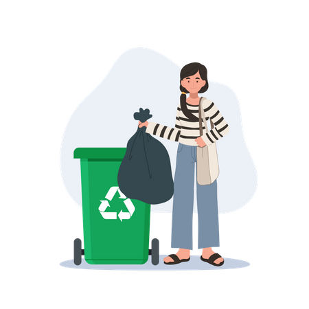 Woman throws away trash into green trash bin with recycling symbol  Illustration