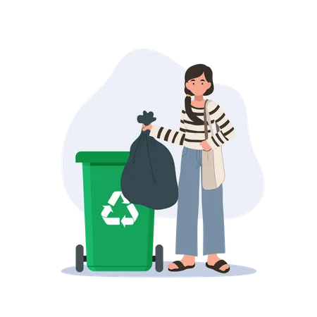 Woman throws away trash into green trash bin with recycling symbol  Illustration