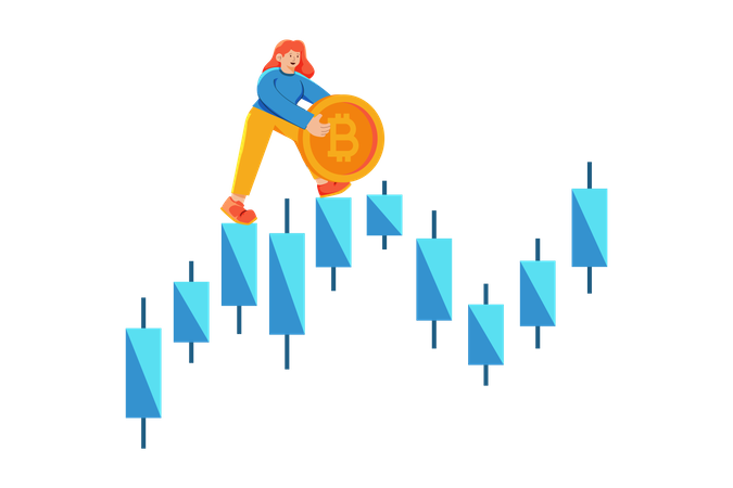 Woman trading bitcoin using candlestick chart  Illustration