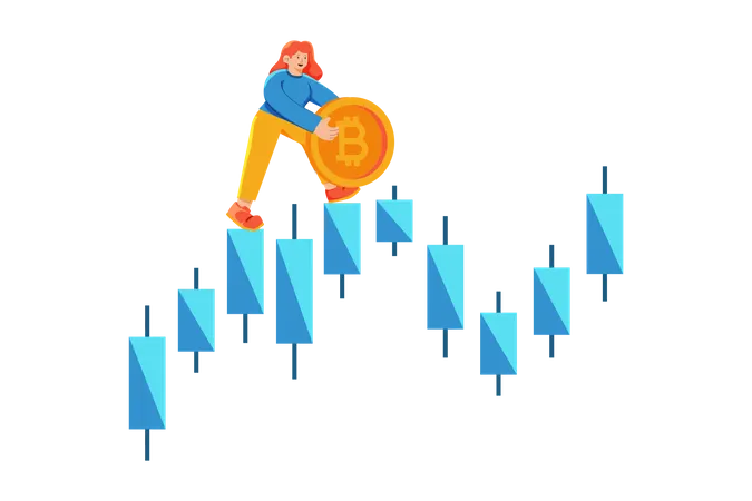 Woman trading bitcoin using candlestick chart  Illustration