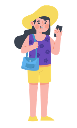 Woman traveler holding mobile  Illustration