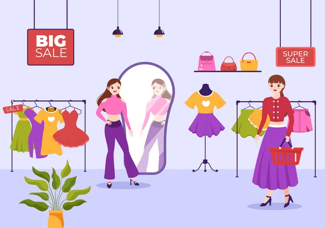 Woman trying out dress at shopping mall  Illustration