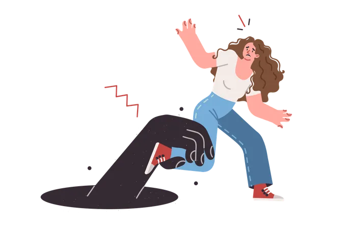 Woman trying to get out of comfort zone and breaking free from hand of monster dragging into abyss  Illustration