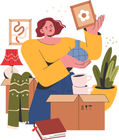 Woman unboxes house materials  Illustration