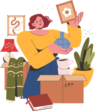 Woman unboxes house materials  Illustration