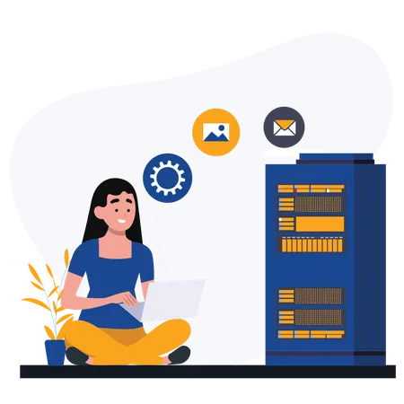 Woman upload data to database server  Illustration