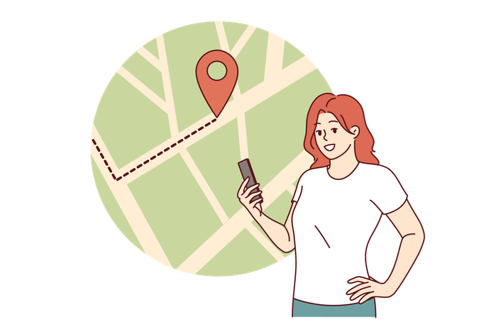 Woman uses electronic map in mobile phone to plot route or track courier delivery  Illustration