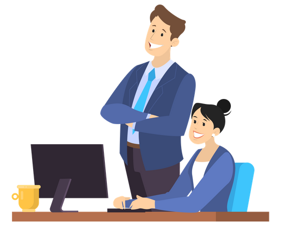 Woman using computer and talking to her coworker  Illustration