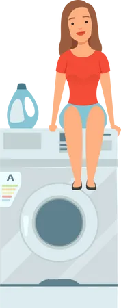 Woman waiting for clothes at laundry  일러스트레이션