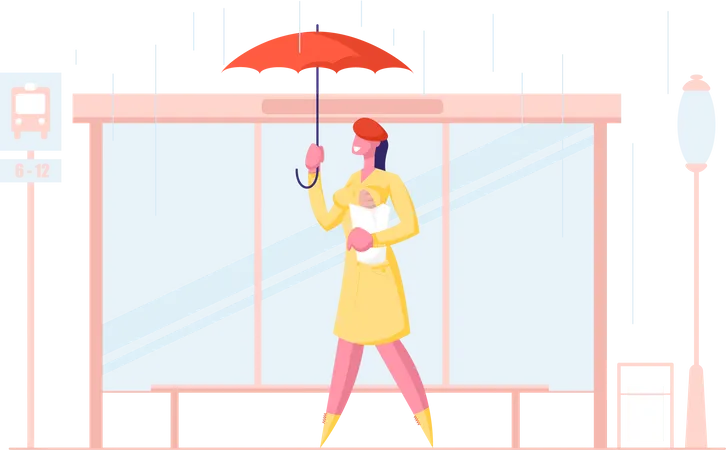 Woman walking while holding umbrella  Illustration