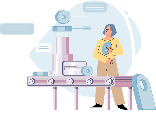 Woman watching industrial conveyor with robot work  Illustration