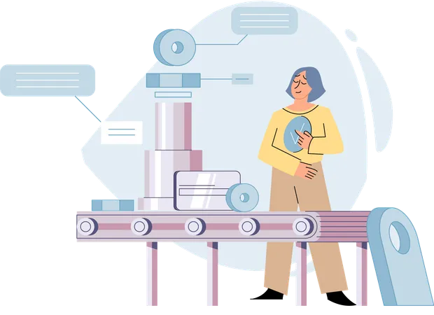 Woman watching industrial conveyor with robot work  Illustration