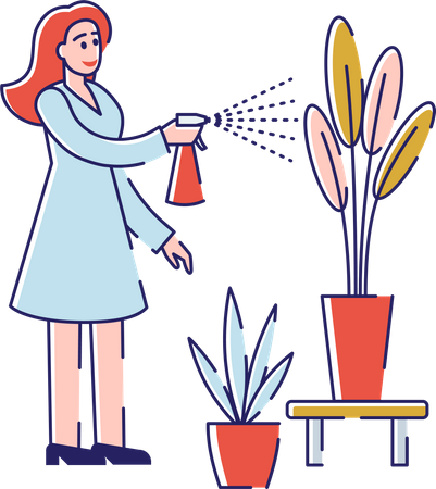 Woman watering plants by spraying water  Illustration