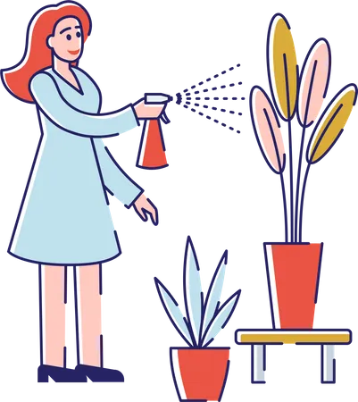 Woman watering plants by spraying water  Illustration