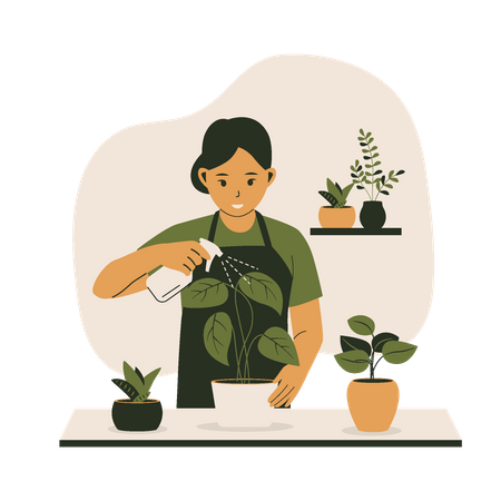 Woman watering plants in pots  Illustration