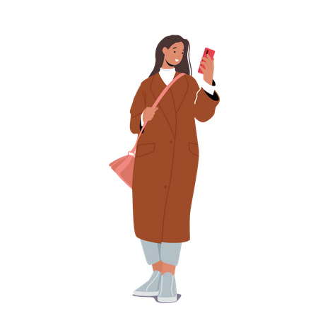 Woman Wearing Coat And Looking Into Phone  Illustration