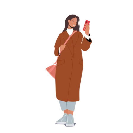 Woman Wearing Coat And Looking Into Phone  Illustration