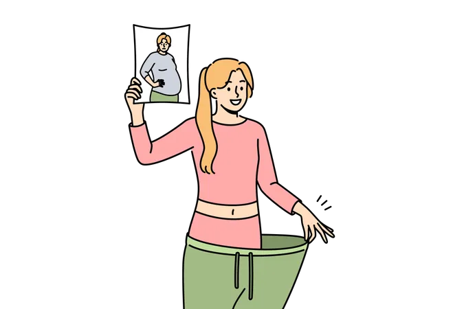 Woman wearing lose pants after losing weight  Illustration