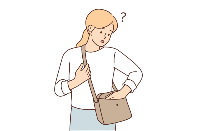 Woman who has lost wallet looks anxiously into purse  Illustration