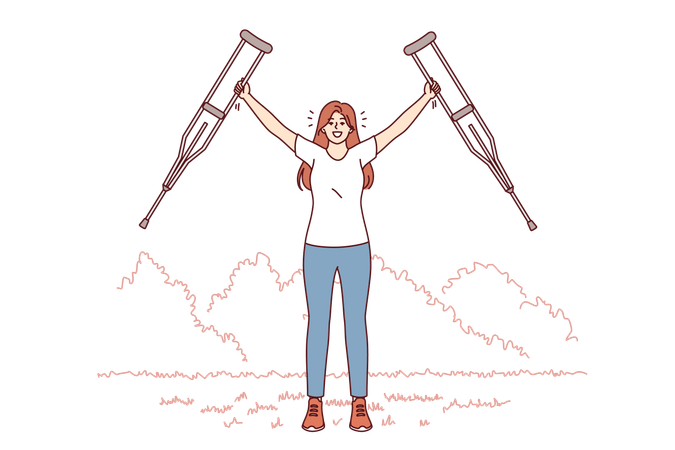 Woman with axillary crutches rejoices in recovery health legs after undergoing rehabilitation  イラスト