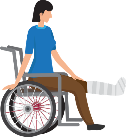 Woman with broken leg in accident sits in wheelchair  Illustration