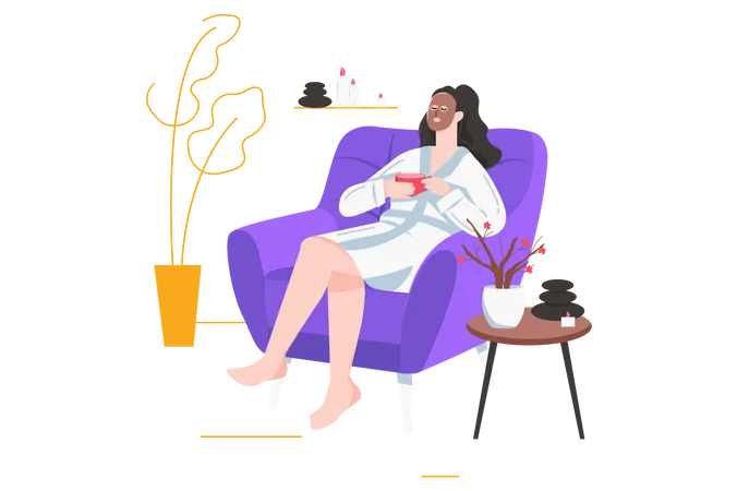 Woman with face moisturizing mask in bathrobe drinks tea  Illustration