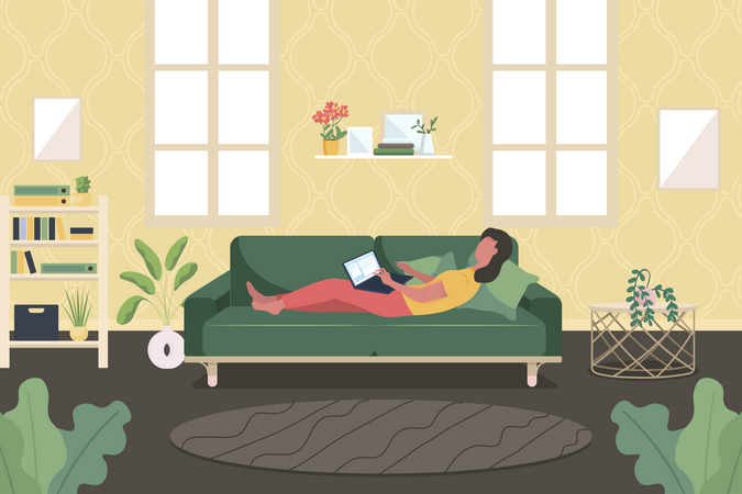 Woman with laptop on couch  Illustration