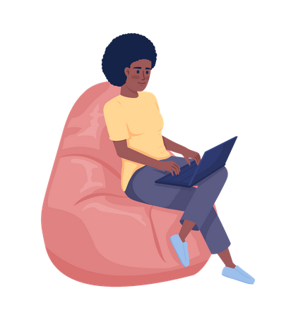 Woman with laptop sitting on bean bag  Illustration