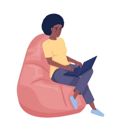 Woman with laptop sitting on bean bag  Illustration