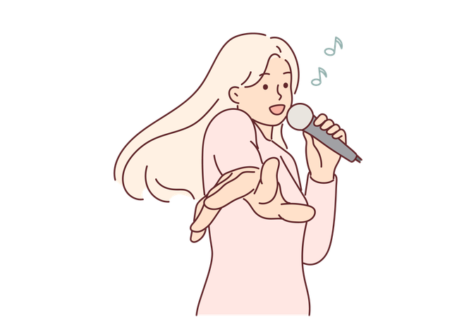 Woman with microphone sings in karaoke enjoying cool music party and stretching hands to screen  Illustration