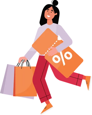 Woman with shopping bags and discount coupon  Illustration