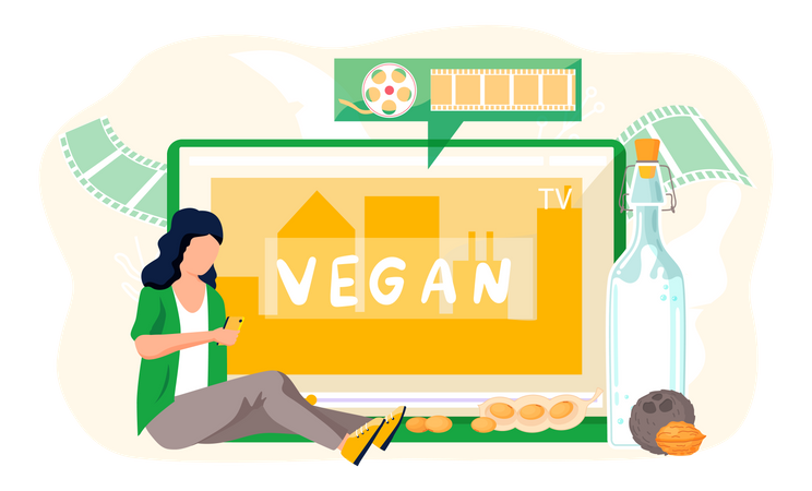 Woman with smartphone about Vegan milk  Illustration